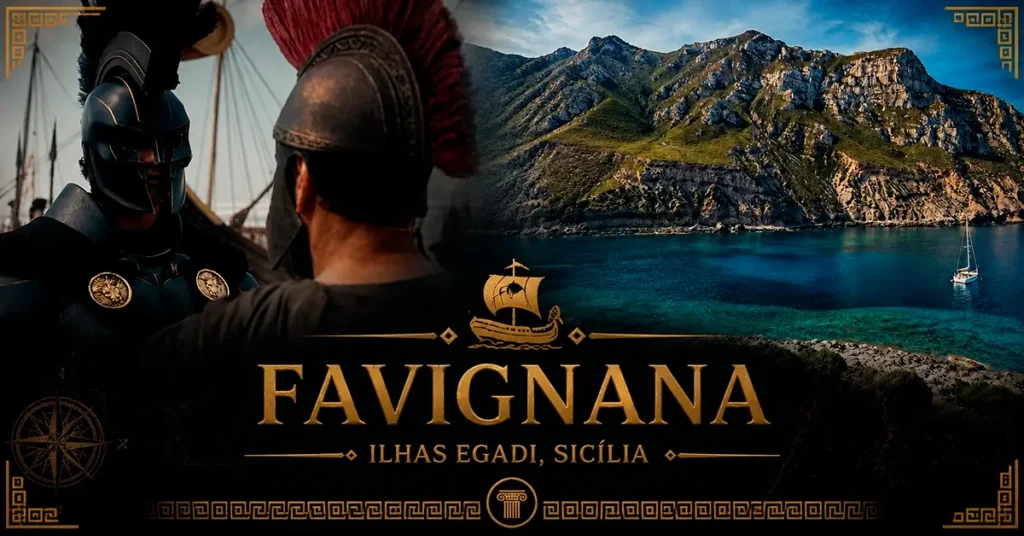 Arte mostrando Favignana, nas Ilhas Egadi, na Sicília, combinada com uma cena de A Odisseia de Christopher Nolan.