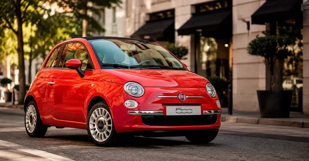 Fiat 500 vermelho da segunda geração estacionado em uma rua urbana moderna destacando o design retrô inspirado no modelo clássico.