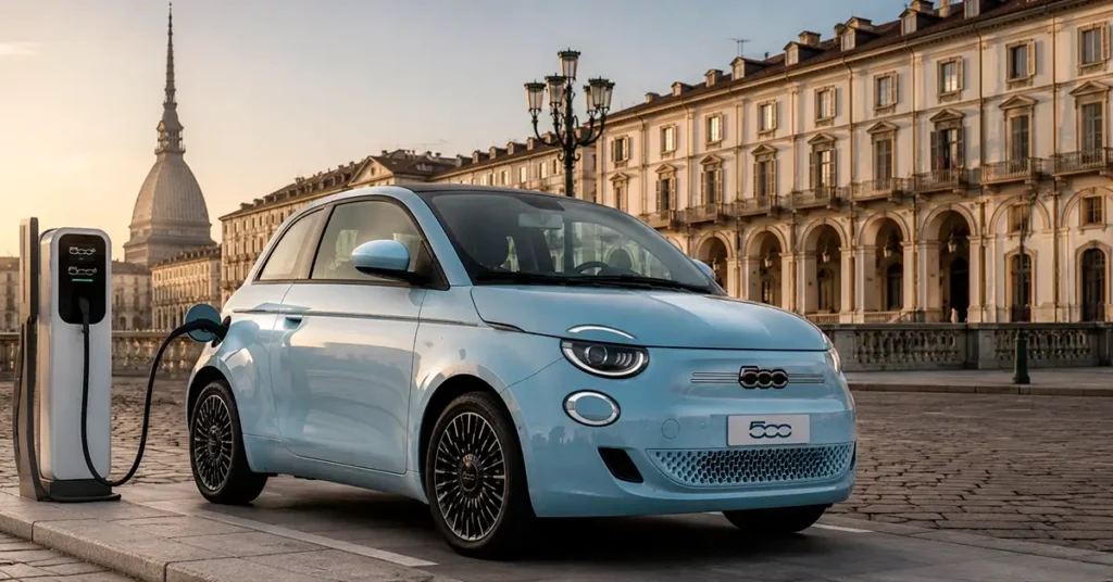 Fiat 500e azul-claro carregando em uma estação de recarga diante de edifícios históricos de Turim, na Itália.