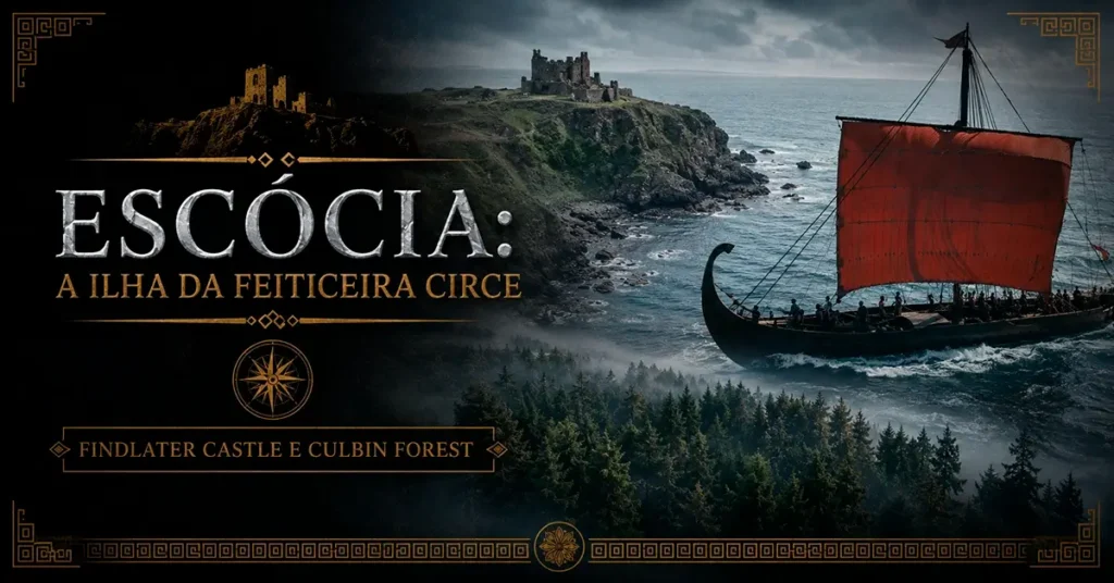 Arte mostrando Findlater Castle e Culbin Forest, na Escócia, utilizados nas filmagens de A Odisseia.