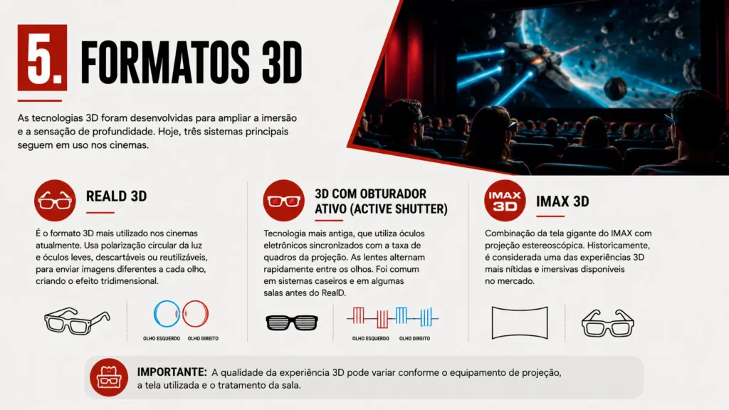 Infográfico compara os formatos 3D RealD, Active Shutter e IMAX 3D utilizados nas salas de cinema.