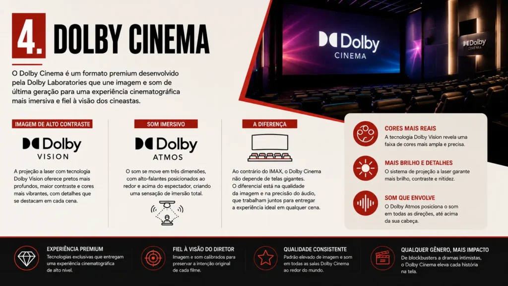 Infográfico sobre Dolby Cinema destaca as tecnologias Dolby Vision e Dolby Atmos utilizadas nas salas premium.