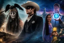 Arte editorial reunindo O Cavaleiro Solitário e Wish: O Poder dos Desejos, ilustrando alguns dos maiores fracassos de bilheteria da Disney nos cinemas.