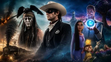 Arte editorial reunindo O Cavaleiro Solitário e Wish: O Poder dos Desejos, ilustrando alguns dos maiores fracassos de bilheteria da Disney nos cinemas.