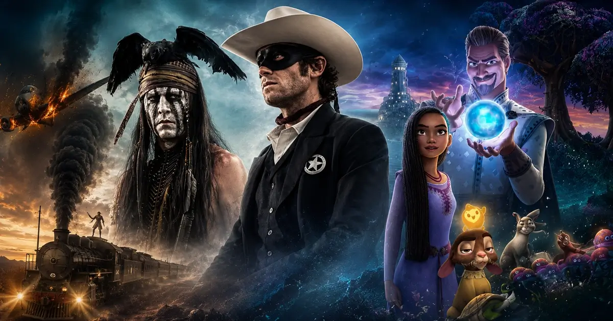 Arte editorial reunindo O Cavaleiro Solitário e Wish: O Poder dos Desejos, ilustrando alguns dos maiores fracassos de bilheteria da Disney nos cinemas.