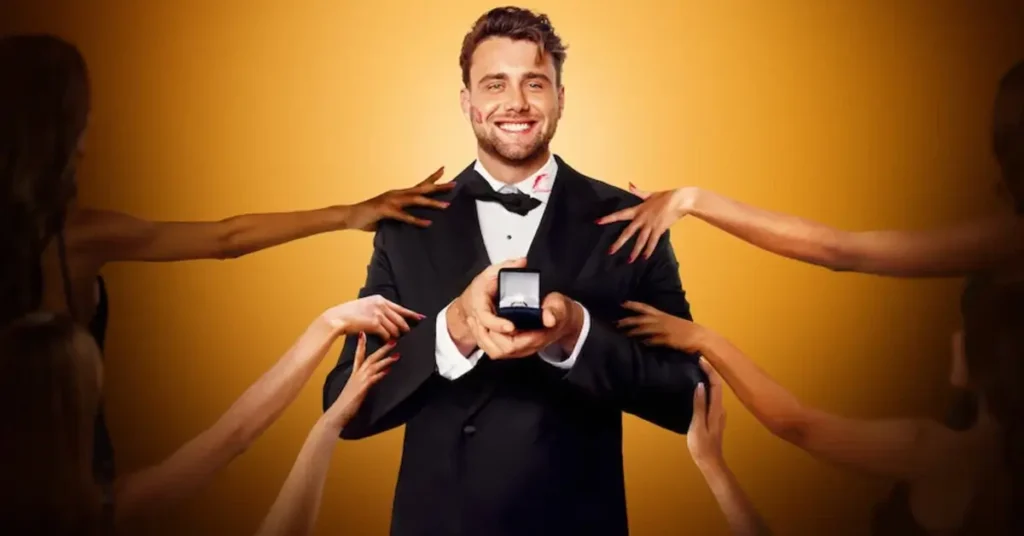 Harry Jowsey segura uma caixa com um anel de noivado cercado por mãos femininas na imagem promocional do reality Harry Quer Casar (Let's Marry Harry), da Netflix.
