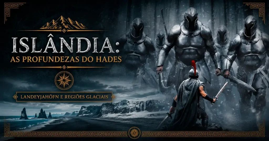 Arte mostrando Landeyjahöfn e paisagens glaciais da Islândia representando o reino de Hades em A Odisseia.