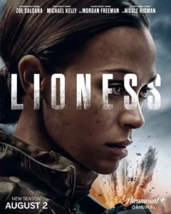 Pôster oficial da 3ª temporada de Operação Lioness com Zoe Saldaña como Joe McNamara em primeiro plano e explosões ao fundo, destacando a nova fase da série do Paramount+.