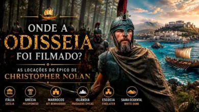 Arte destacando as locações de A Odisseia, mostrando Odisseu e os principais países onde Christopher Nolan filmou o épico de 2026, incluindo Itália, Grécia, Marrocos, Islândia, Escócia e Saara Ocidental.