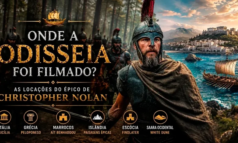 Arte destacando as locações de A Odisseia, mostrando Odisseu e os principais países onde Christopher Nolan filmou o épico de 2026, incluindo Itália, Grécia, Marrocos, Islândia, Escócia e Saara Ocidental.