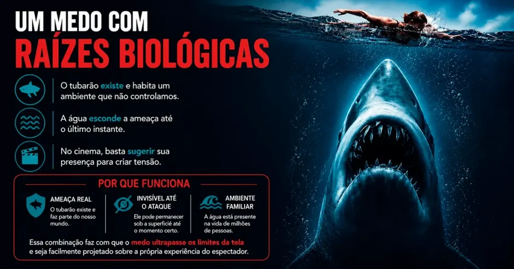 Tubarão se aproxima de uma nadadora em arte sobre o medo provocado pelos filmes de tubarão