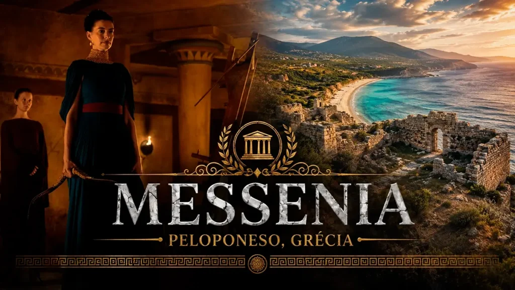 Arte mostrando Messênia, no Peloponeso, na Grécia, ao lado de uma cena de A Odisseia.