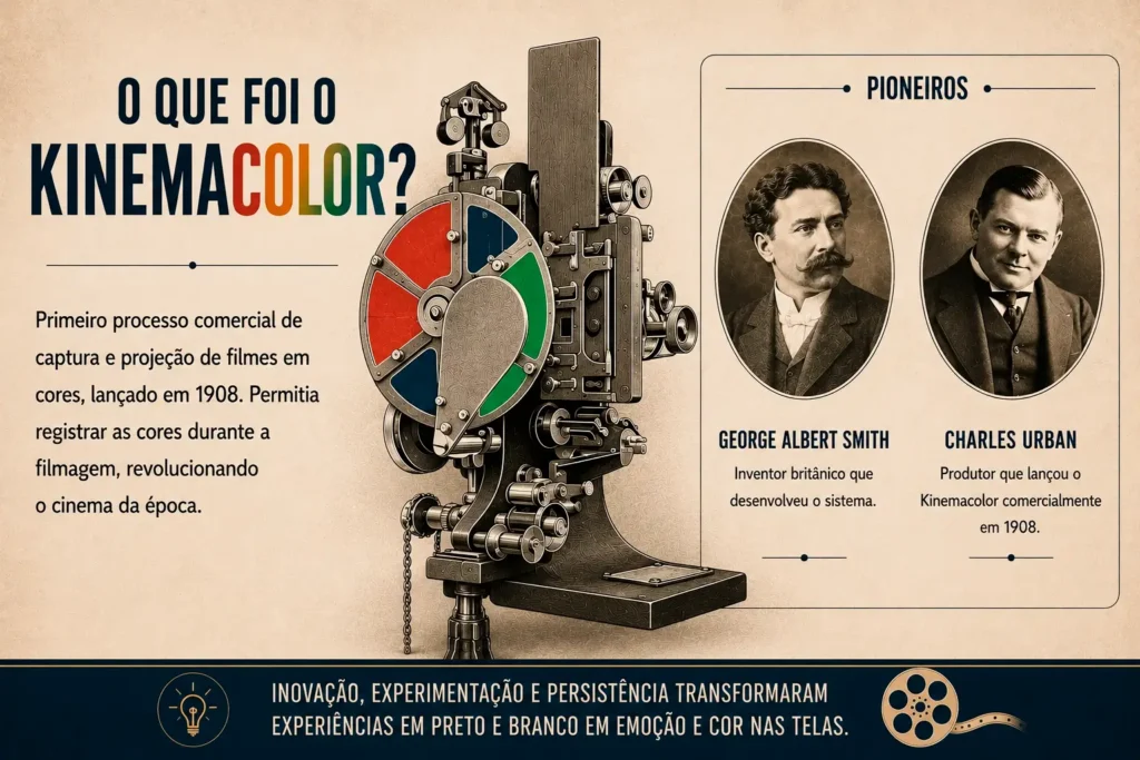 Infográfico sobre o Kinemacolor, primeiro sistema comercial de captura e projeção de filmes em cores.