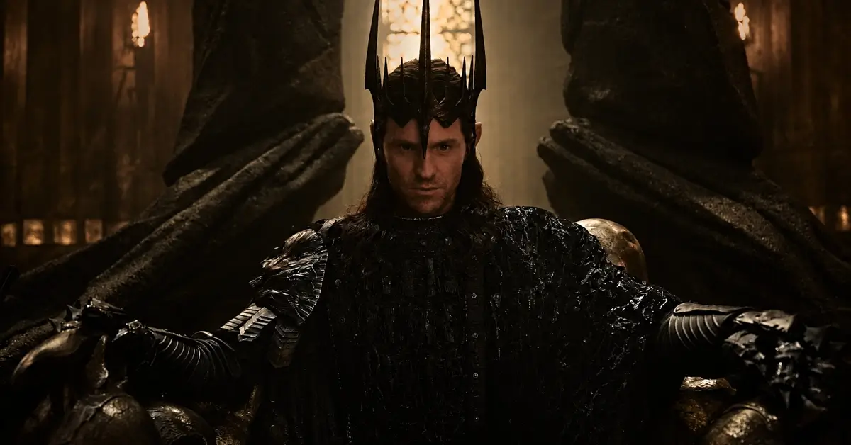 Sauron, interpretado por Charlie Vickers, sentado em seu trono na terceira temporada de O Senhor dos Anéis: Os Anéis de Poder.