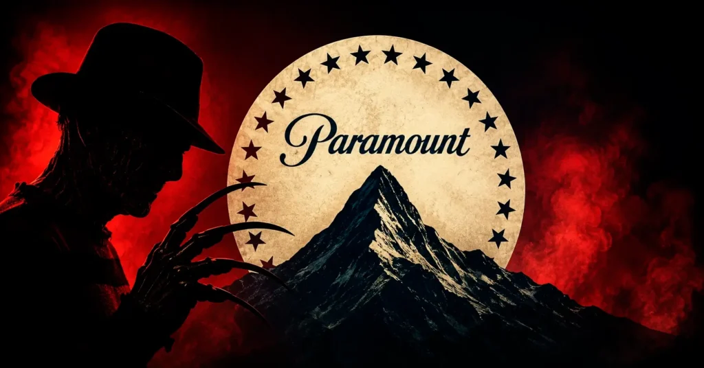Arte conceitual com o logotipo da Paramount e a silhueta de Freddy Krueger, ilustrando o novo filme de A Hora do Pesadelo baseado no roteiro original de Wes Craven.