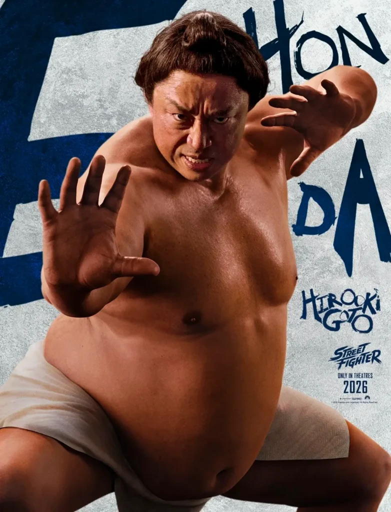 Hirooki Goto como E. Honda em Street Fighter (2026), campeão de sumô da franquia.
