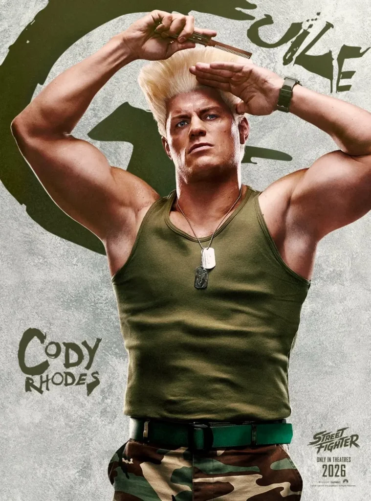 Cody Rhodes como Guile em Street Fighter (2026), adaptação baseada nos jogos da Capcom.