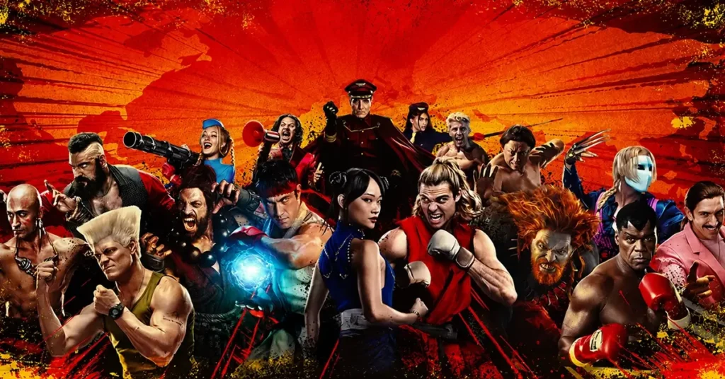 Personagens de Street Fighter reunidos em arte promocional inspirada no filme de 2026, com Ryu, Chun-Li, Guile e outros lutadores em destaque.