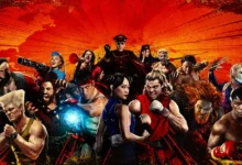 Personagens de Street Fighter reunidos em arte promocional inspirada no filme de 2026, com Ryu, Chun-Li, Guile e outros lutadores em destaque.