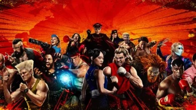 Personagens de Street Fighter reunidos em arte promocional inspirada no filme de 2026, com Ryu, Chun-Li, Guile e outros lutadores em destaque.