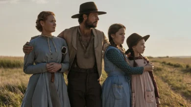 Personagens de Uma Casa na Pradaria: Caroline, Charles, Mary e Laura Ingalls reunidos nas pradarias