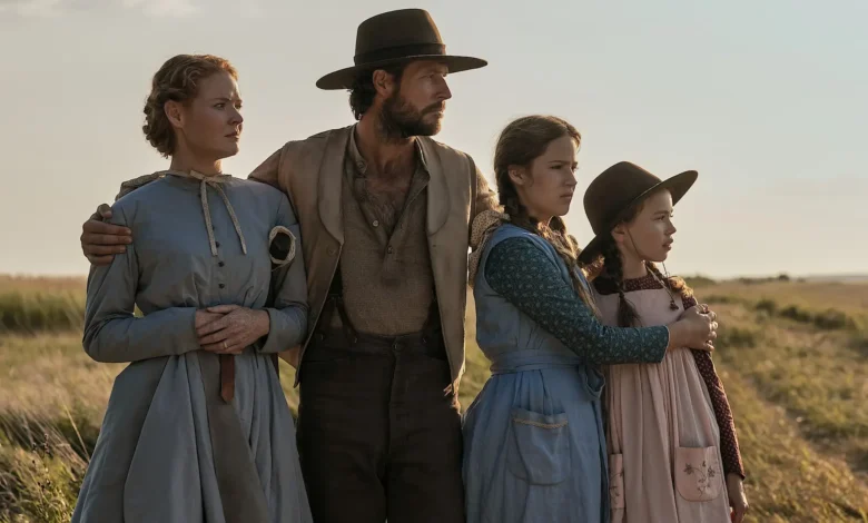 Personagens de Uma Casa na Pradaria: Caroline, Charles, Mary e Laura Ingalls reunidos nas pradarias