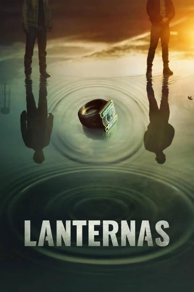 Pôster oficial da série Lanternas mostra o anel de um Lanterna Verde sobre a água, com os reflexos de Hal Jordan e John Stewart ao fundo, em imagem divulgada pela DC Studios.