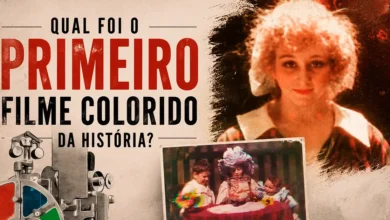 Arte editorial sobre o primeiro filme colorido da história, destacando o Kinemacolor, as primeiras imagens coloridas de Edward Turner e The Gulf Between, um dos marcos do cinema em cores.