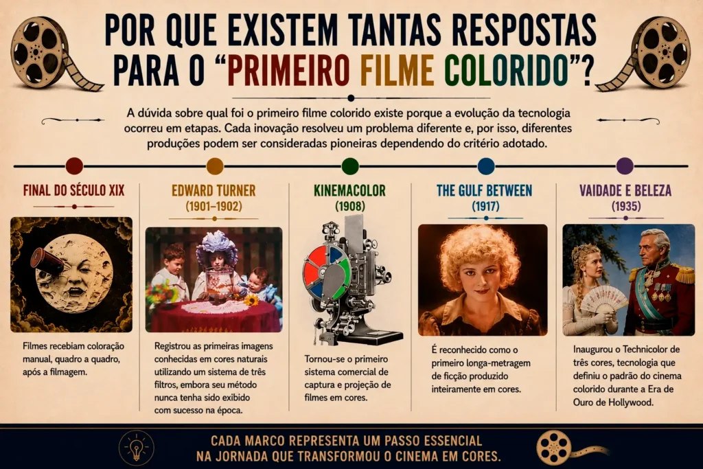 Linha do tempo mostrando a evolução do primeiro filme colorido, desde a colorização manual até o Technicolor de três cores.