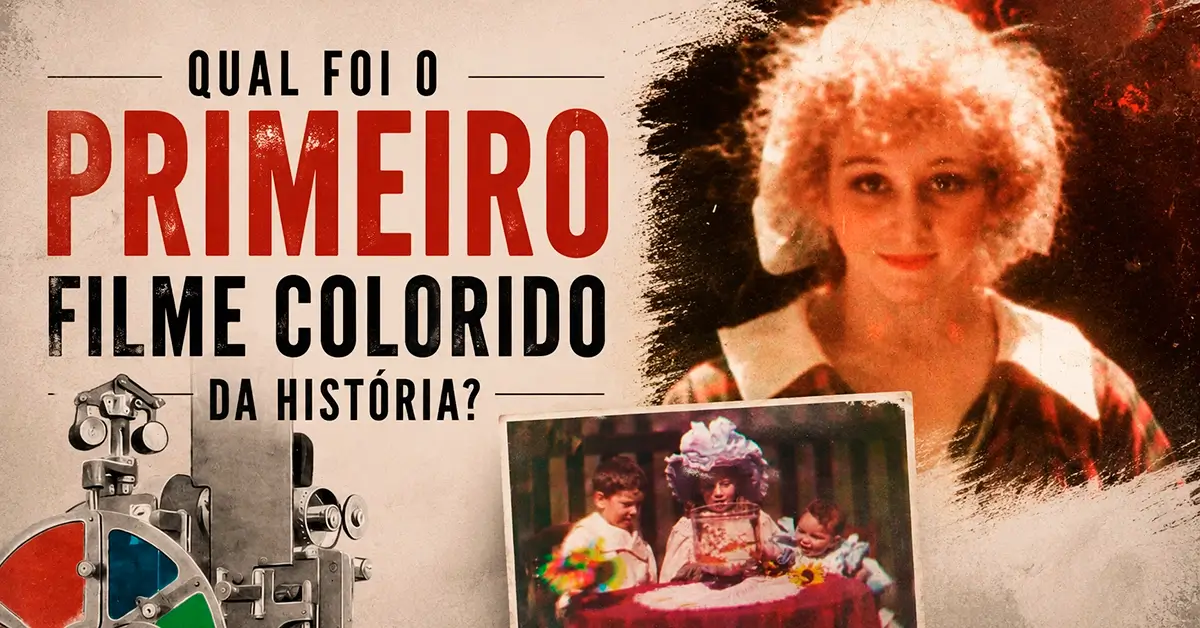 Arte editorial sobre o primeiro filme colorido da história, destacando o Kinemacolor, as primeiras imagens coloridas de Edward Turner e The Gulf Between, um dos marcos do cinema em cores.