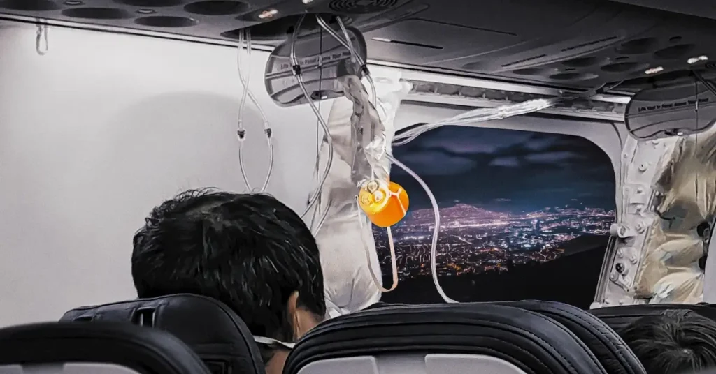 Interior de uma aeronave danificada em cena do documentário Queda Livre: As Consequências do Caso Boeing, da Netflix.
