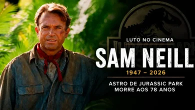 Arte em homenagem a Sam Neill após sua morte aos 78 anos, destacando o ator de Jurassic Park no papel de Dr. Alan Grant e sua trajetória no cinema.