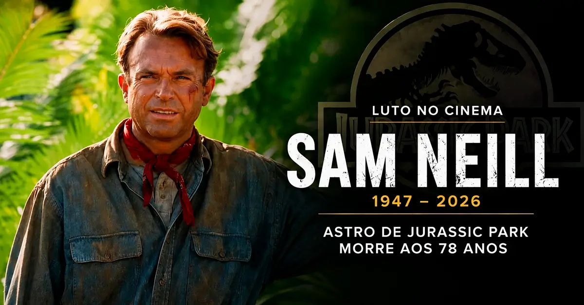 Arte em homenagem a Sam Neill após sua morte aos 78 anos, destacando o ator de Jurassic Park no papel de Dr. Alan Grant e sua trajetória no cinema.