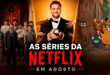 Arte promocional das Séries da Netflix em Agosto de 2026 reúne destaques como Cem Anos de Solidão – Parte 2, Harry Quer Casar e Gatos de Rua.