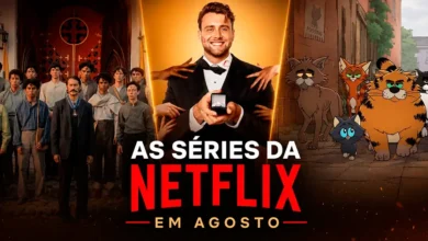 Arte promocional das Séries da Netflix em Agosto de 2026 reúne destaques como Cem Anos de Solidão – Parte 2, Harry Quer Casar e Gatos de Rua.
