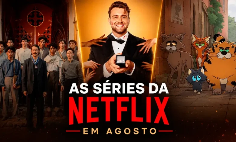 Arte promocional das Séries da Netflix em Agosto de 2026 reúne destaques como Cem Anos de Solidão – Parte 2, Harry Quer Casar e Gatos de Rua.