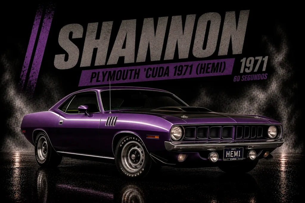 Plymouth 'Cuda Hemi 1971 roxo, Shannon em 60 Segundos.