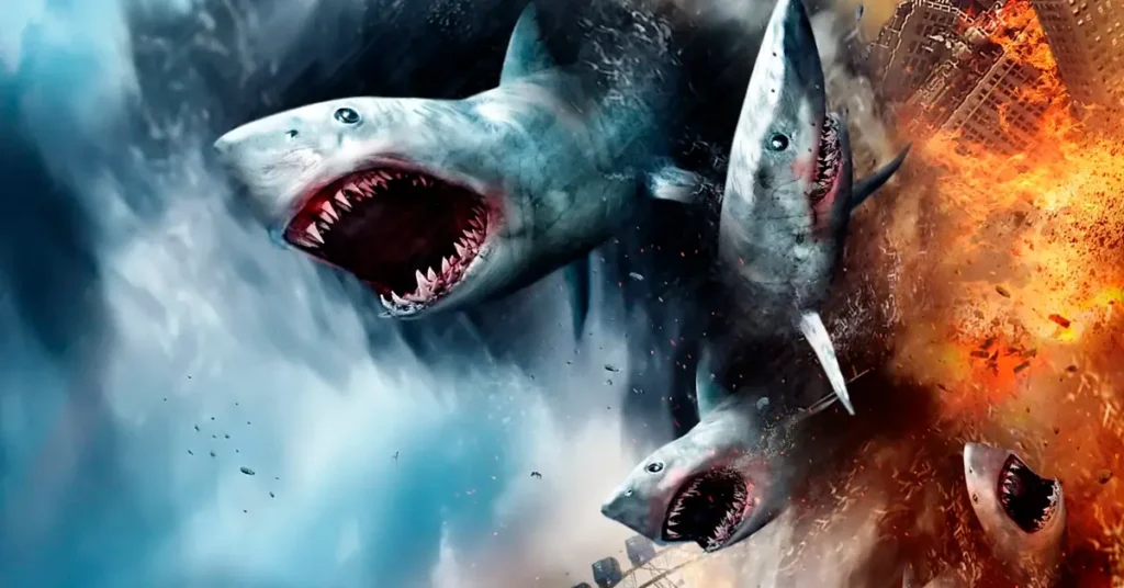 Tubarões voam em meio a um tornado e explosões em imagem promocional de Sharknado (2013)