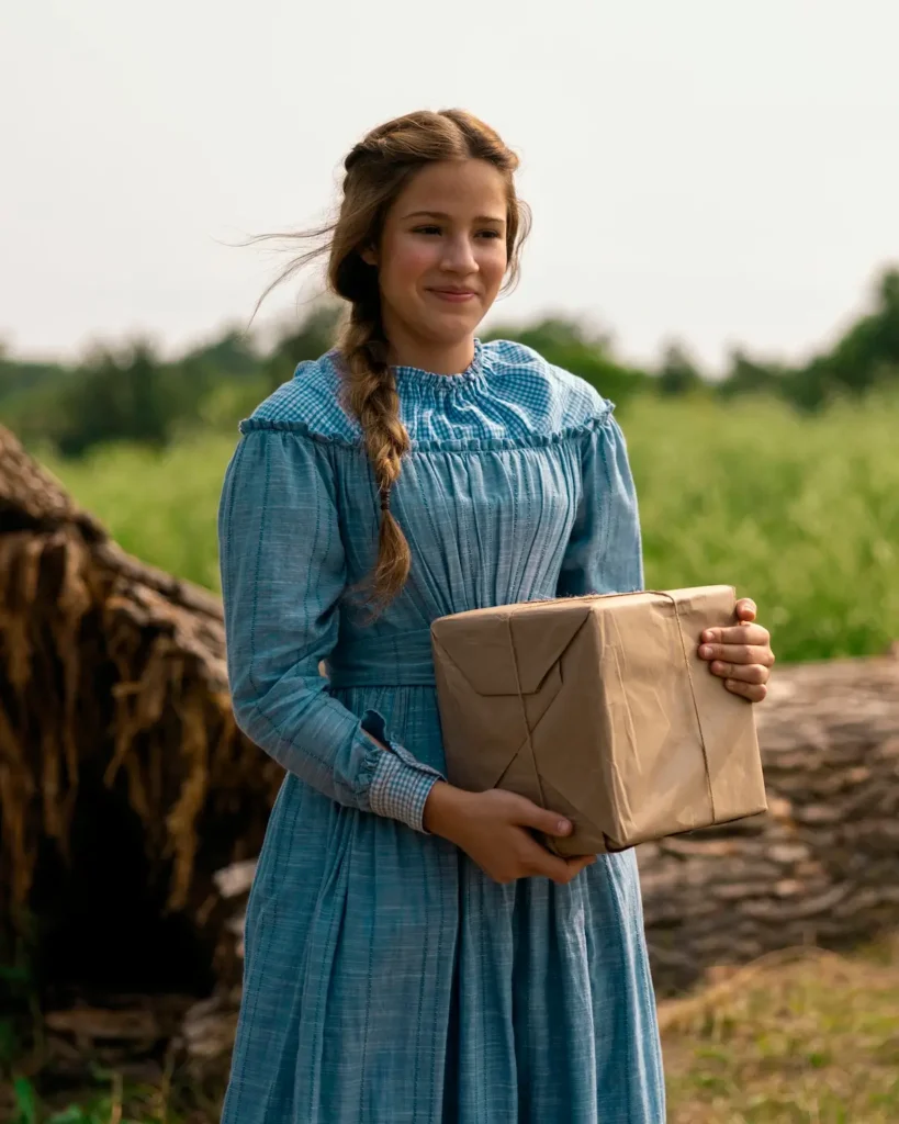 Skywalker Hughes como Mary Ingalls segurando um pacote em Uma Casa na Pradaria