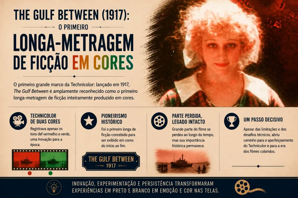 Arte sobre The Gulf Between (1917), considerado o primeiro longa-metragem de ficção produzido inteiramente em cores.