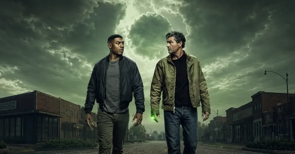 Hal Jordan (Kyle Chandler) e John Stewart (Aaron Pierre) caminham por uma cidade deserta no novo trailer da série Lanternas, produção da DC Studios que estreia na HBO Max.