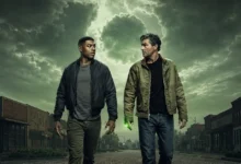Hal Jordan (Kyle Chandler) e John Stewart (Aaron Pierre) caminham por uma cidade deserta no novo trailer da série Lanternas, produção da DC Studios que estreia na HBO Max.