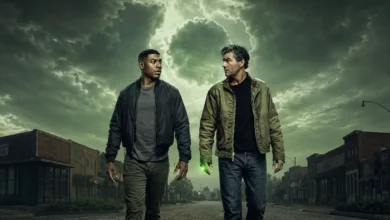 Hal Jordan (Kyle Chandler) e John Stewart (Aaron Pierre) caminham por uma cidade deserta no novo trailer da série Lanternas, produção da DC Studios que estreia na HBO Max.