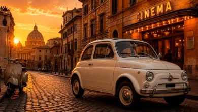 Fiat Nuova 500 branco estacionado em uma rua histórica de Roma ao pôr do sol, ao lado de uma Vespa e de um cinema clássico, representando a ligação entre o automóvel e o cinema italiano.