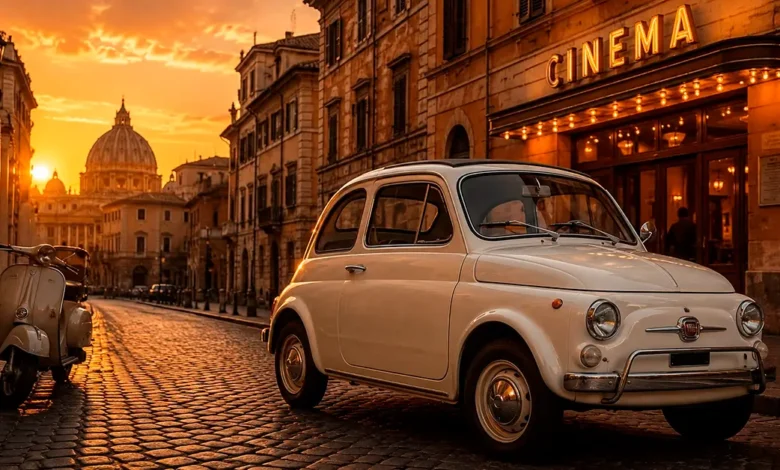 Fiat Nuova 500 branco estacionado em uma rua histórica de Roma ao pôr do sol, ao lado de uma Vespa e de um cinema clássico, representando a ligação entre o automóvel e o cinema italiano.