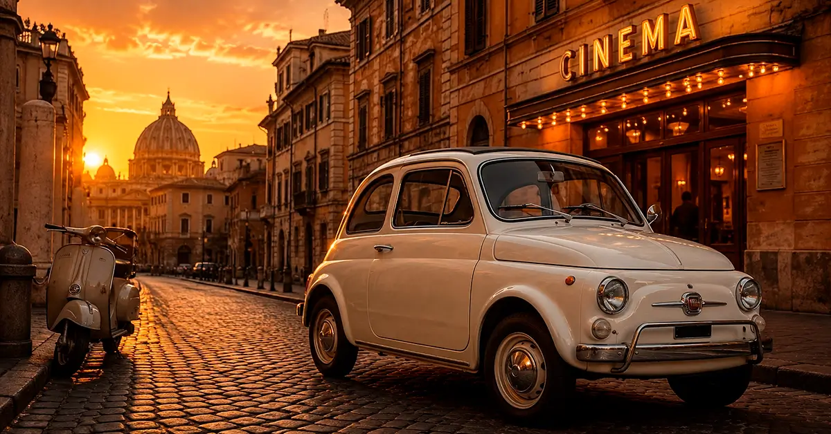 Fiat Nuova 500 branco estacionado em uma rua histórica de Roma ao pôr do sol, ao lado de uma Vespa e de um cinema clássico, representando a ligação entre o automóvel e o cinema italiano.