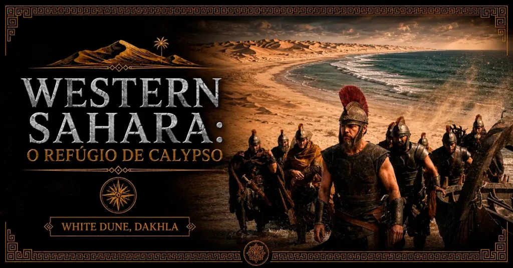 Arte mostrando White Dune, em Dakhla, no Saara Ocidental, utilizada durante as filmagens de A Odisseia.