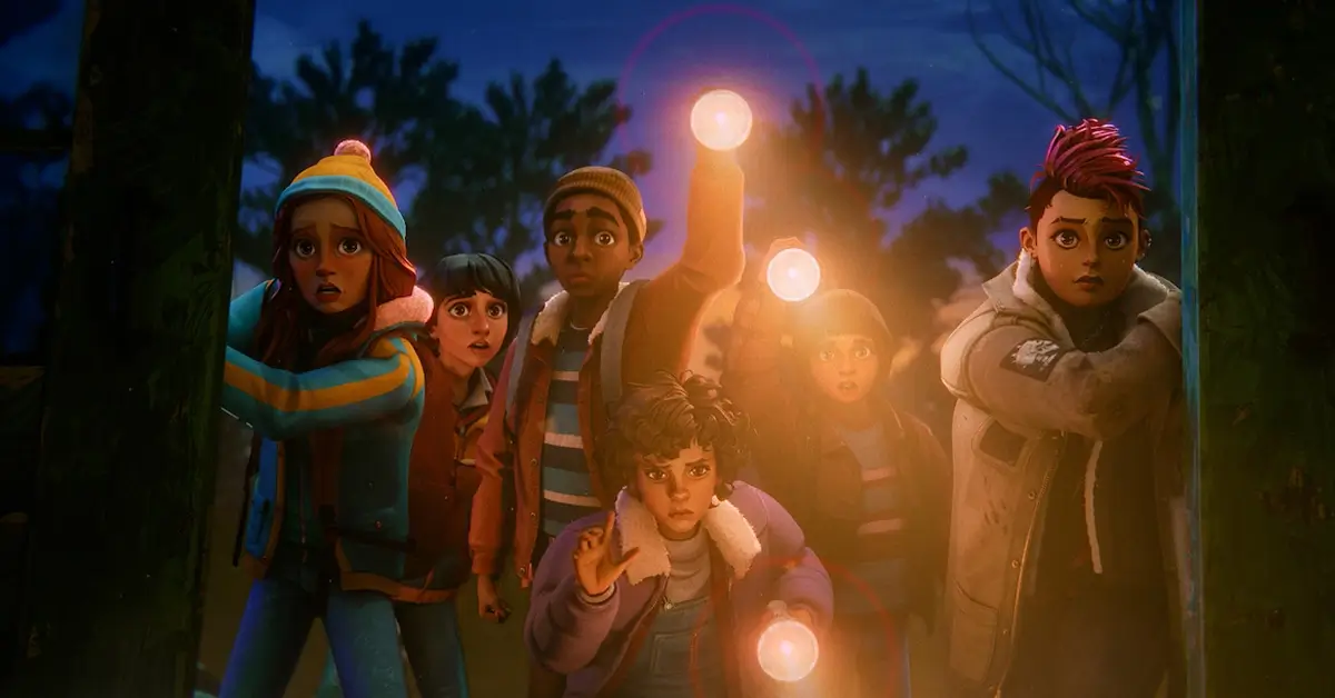 Segunda temporada de Stranger Things: Histórias de 85 mostra jovens personagens reunidos na floresta durante uma noite misteriosa, em nova animação da Netflix