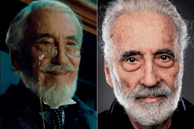 a invencao de hugo christopher lee Christopher Lee como Monsieur Labisse em A Invenção de Hugo Cabret e o ator em um retrato recente antes de sua morte.