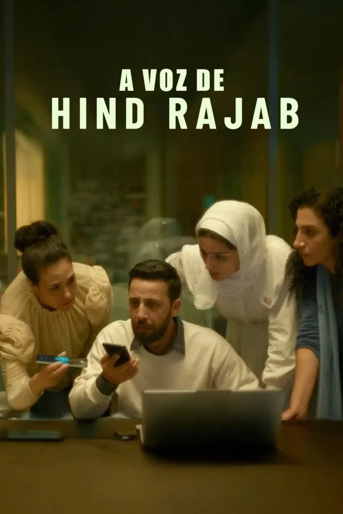 Pôster de A Voz de Hind Rajab com personagens reunidos em torno de uma ligação de emergência
